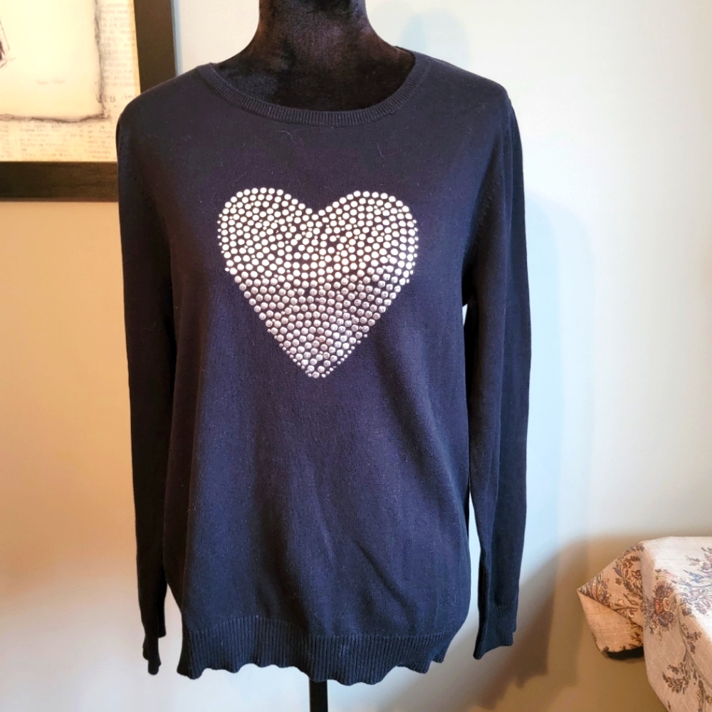 Nouveaux Embellished Silver Heart On Black Sweater